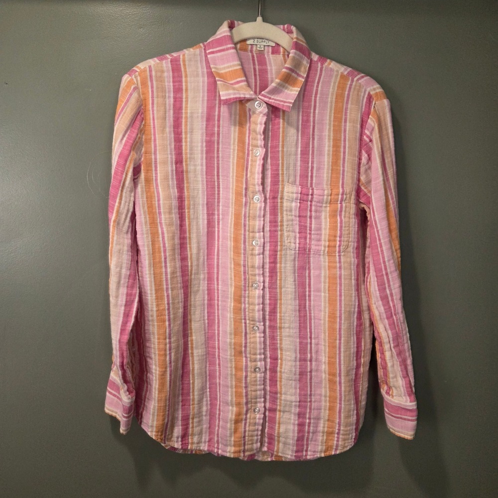 Z‎ Supply Women's Pink Striped Long Sleeve Button Up Tunic Size S Gauzy Beach
